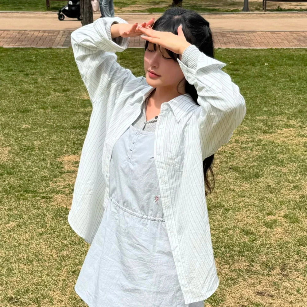 (女裝) 透視 條紋 寬鬆版型 襯衫_白色