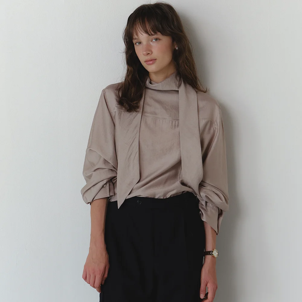 Draped tie blouse_beige (1/2size)