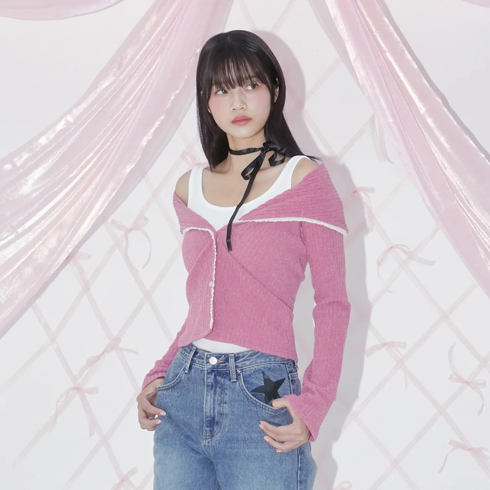 LACE OFF-SHOULDER CARDIGAN (PINK)