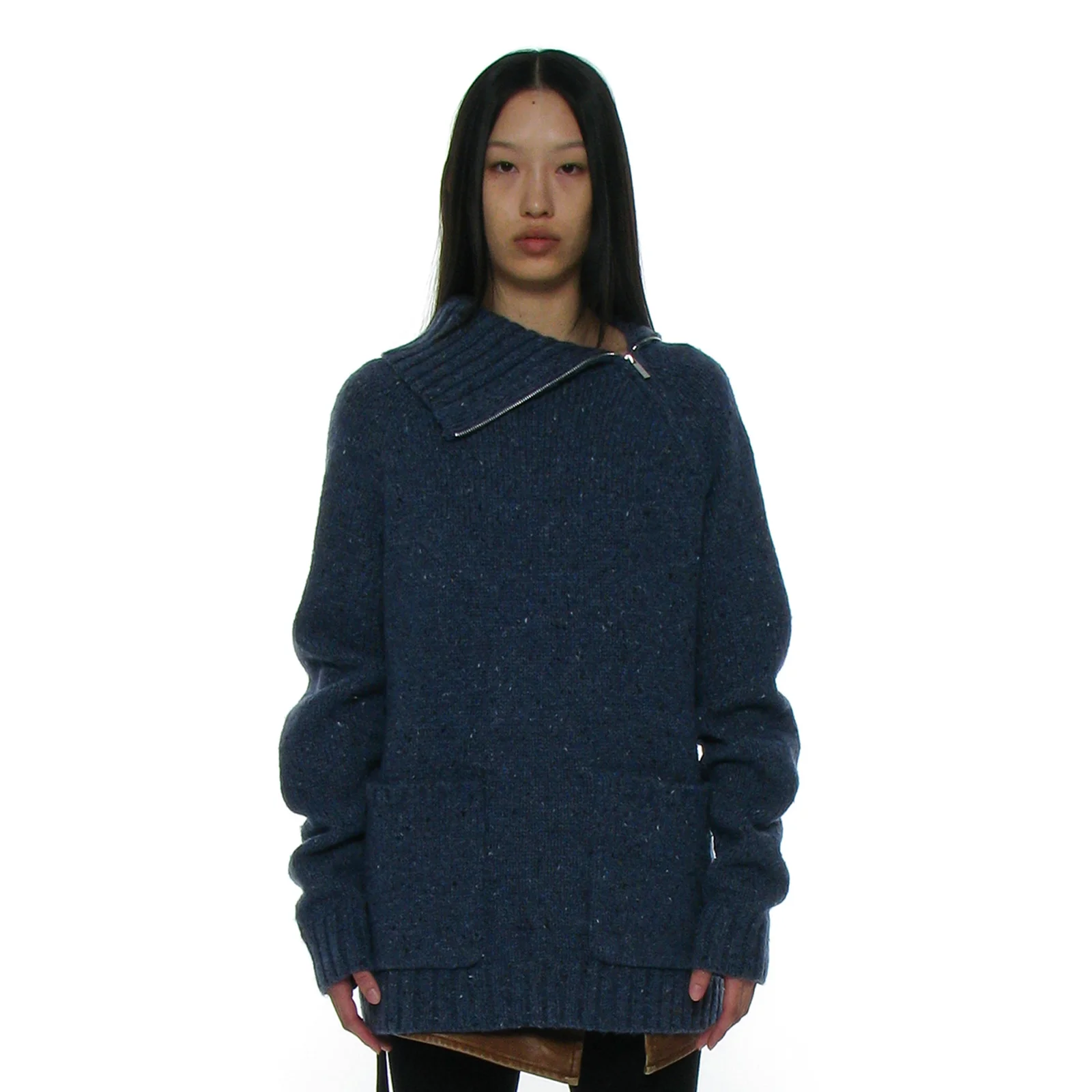GRADIENT HALF ZIP-UP POCKET KNIT CREWNECK_DUSTY BLUE