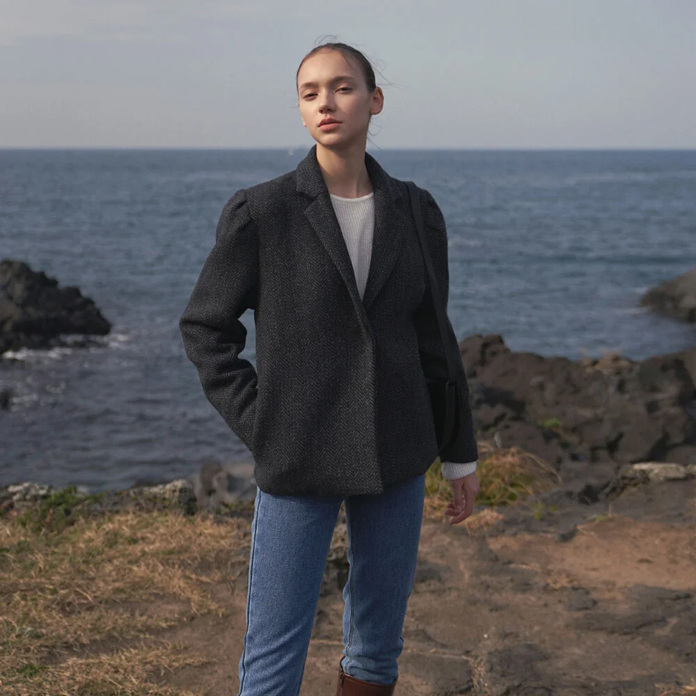 HERRINGBONE HIDDEN JACKET_CHARCOAL