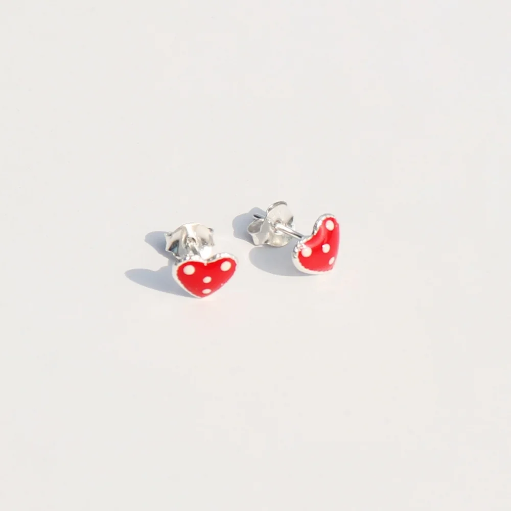 Dotting red heart silver pin Earrings 銀針 銀色925 圓點 紅色 心形 耳環