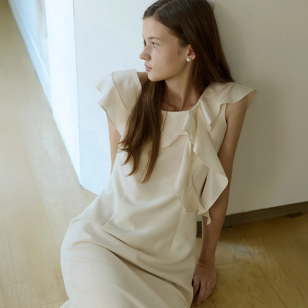 Wave ruffle line long dress - ivory