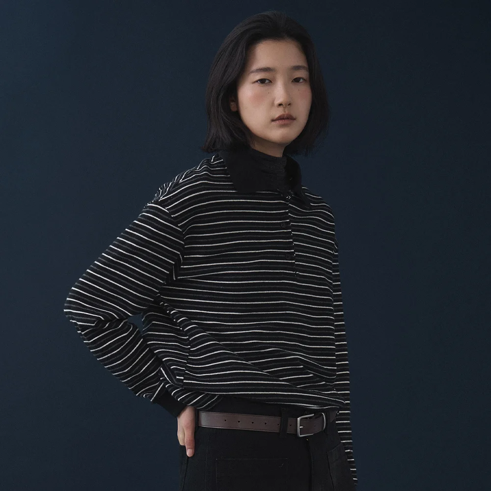 PEACH STRIPE RUGBY T-SHIRT (BLACK)