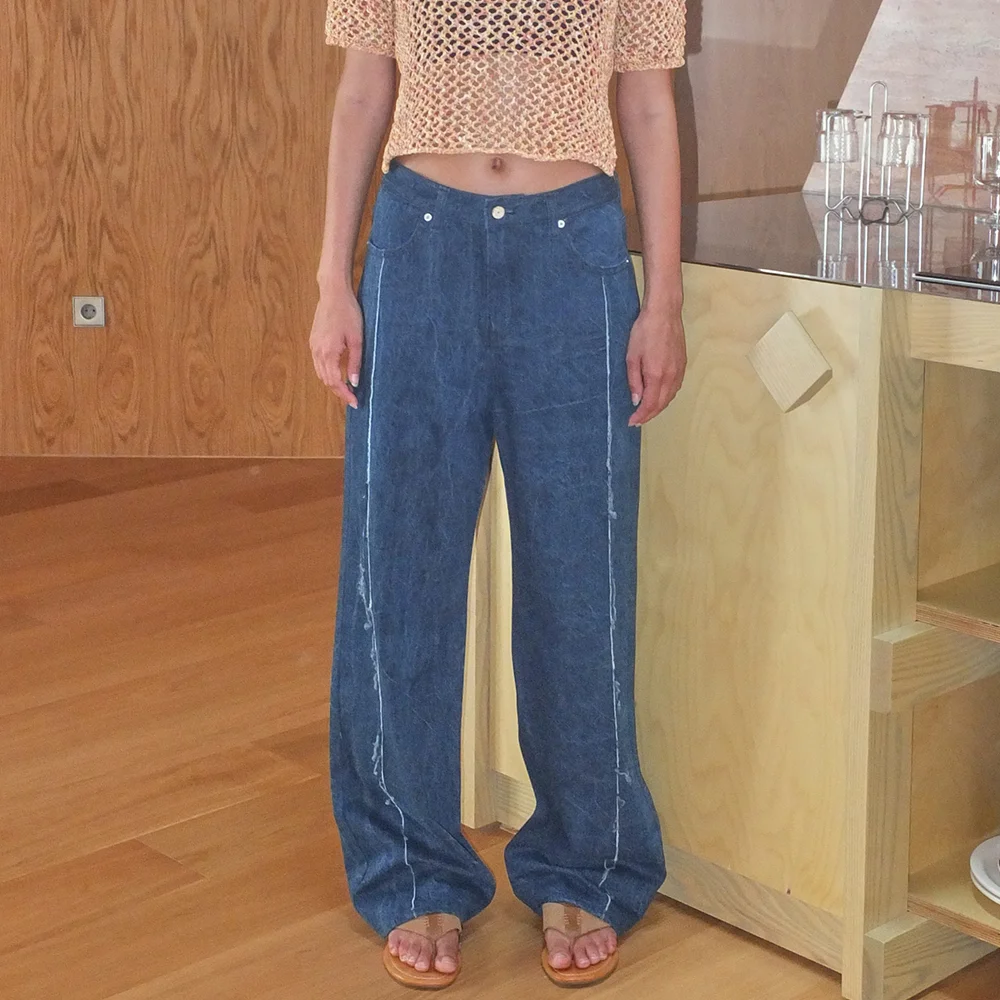 FRINGE LINE DENIM PANTS - BLUE