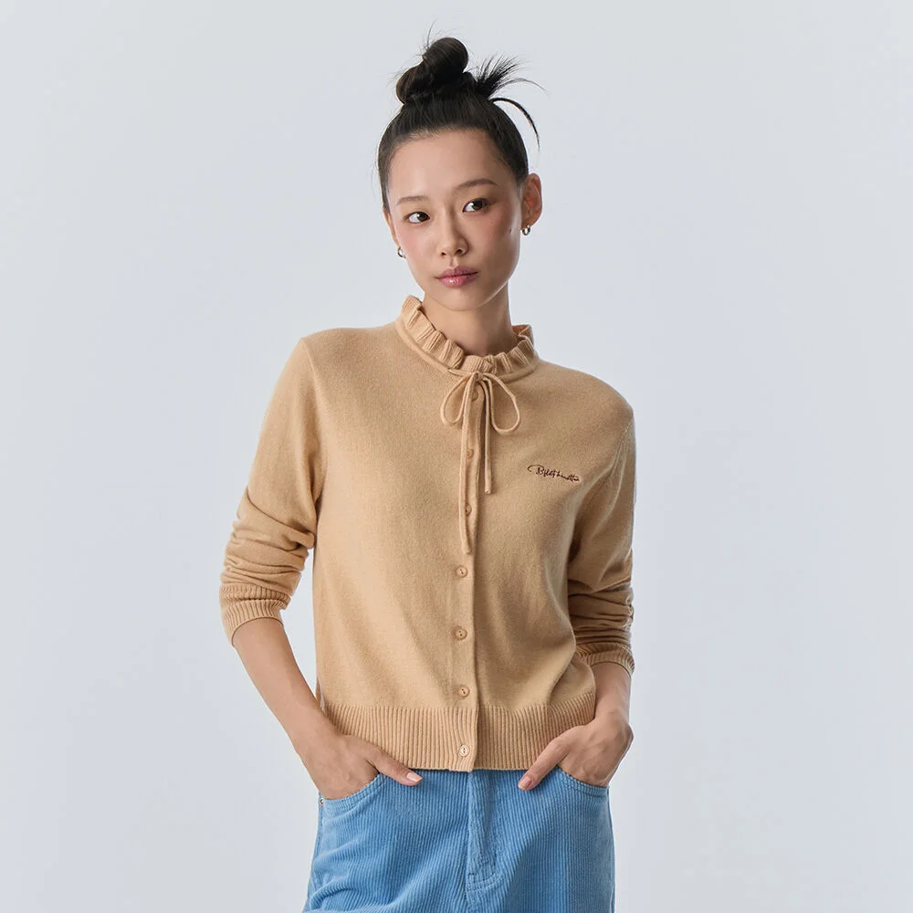 荷葉領 蝴蝶結 針織衫 開襟外套 (Beige)