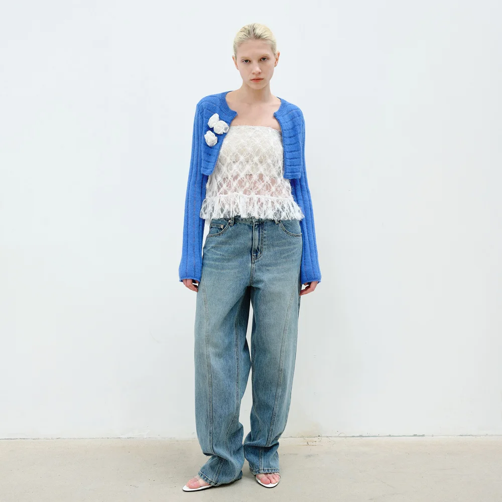 CURVED LINE WIDE JEANS - BLUE