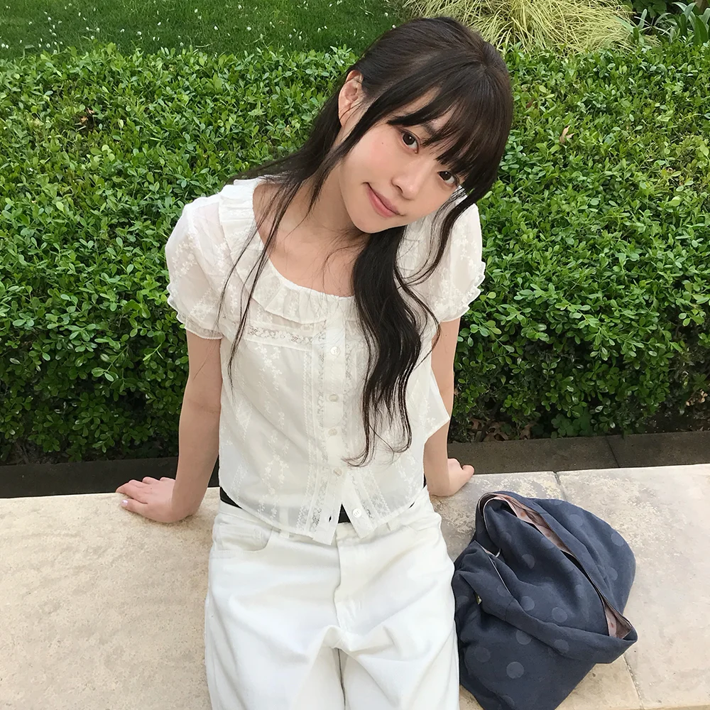 Belle 蕾絲 荷葉邊 雪紡衫 ( 白色 )