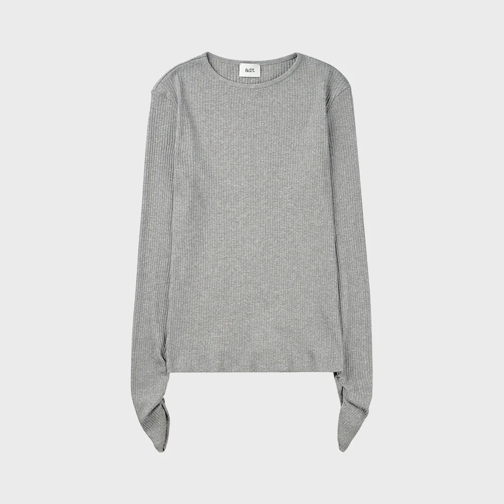 Ribbed long sleeves shirring tee_gray
