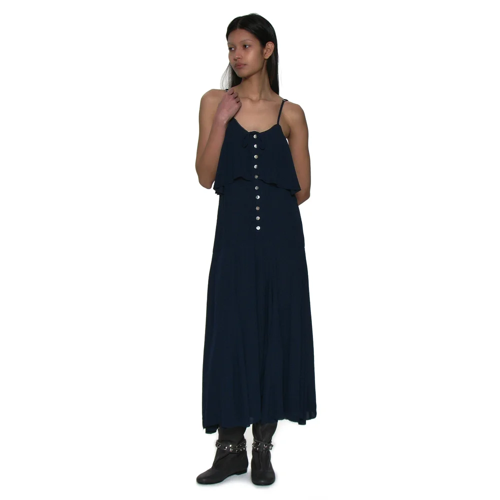 RUFFLE LACE TRIM FLARE SLIP DRESS_NAVY