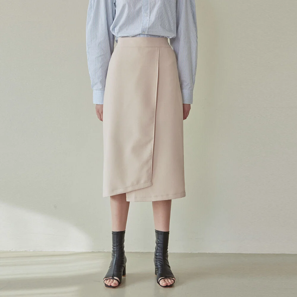 UNBALANCE WRAP LONG SKIRT_BEIGE