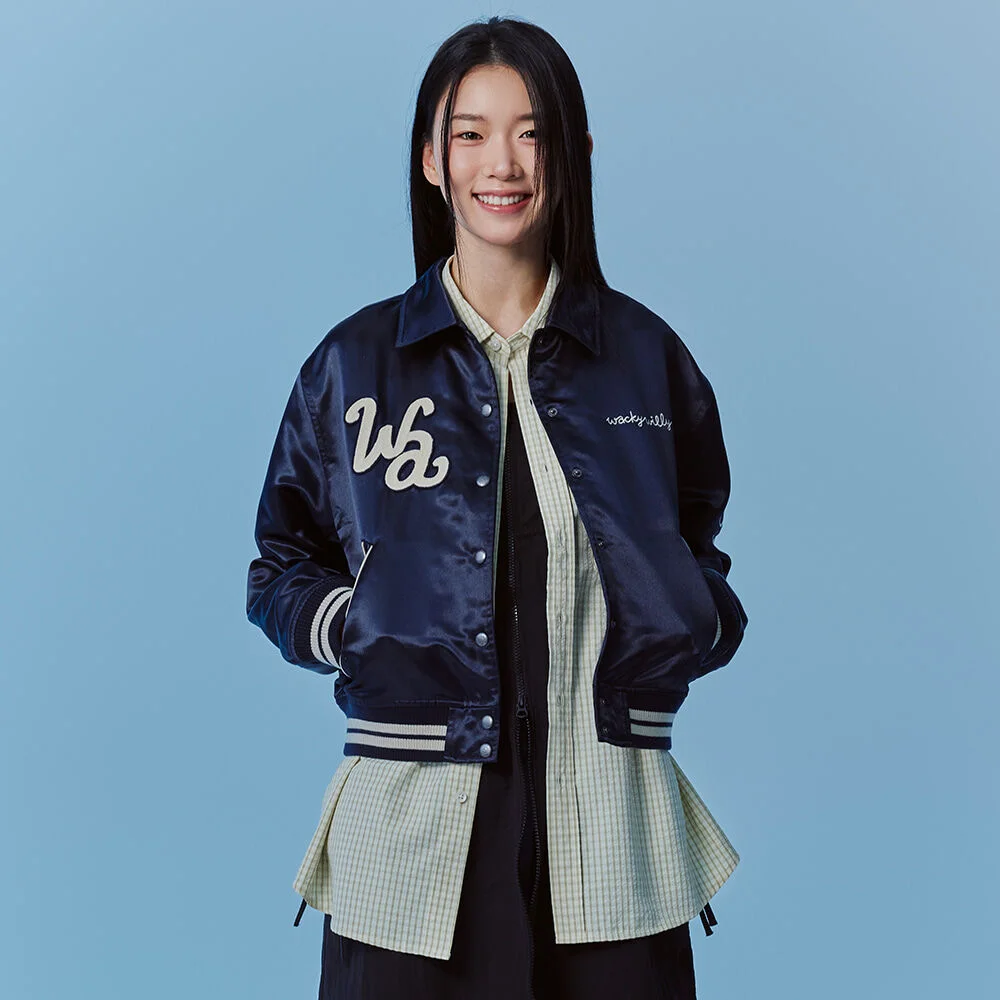 女裝 文字刺繡 棒球外套 深海軍藍