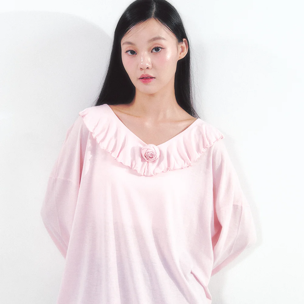 Rose Brooch Frill Long Sleeve Pink