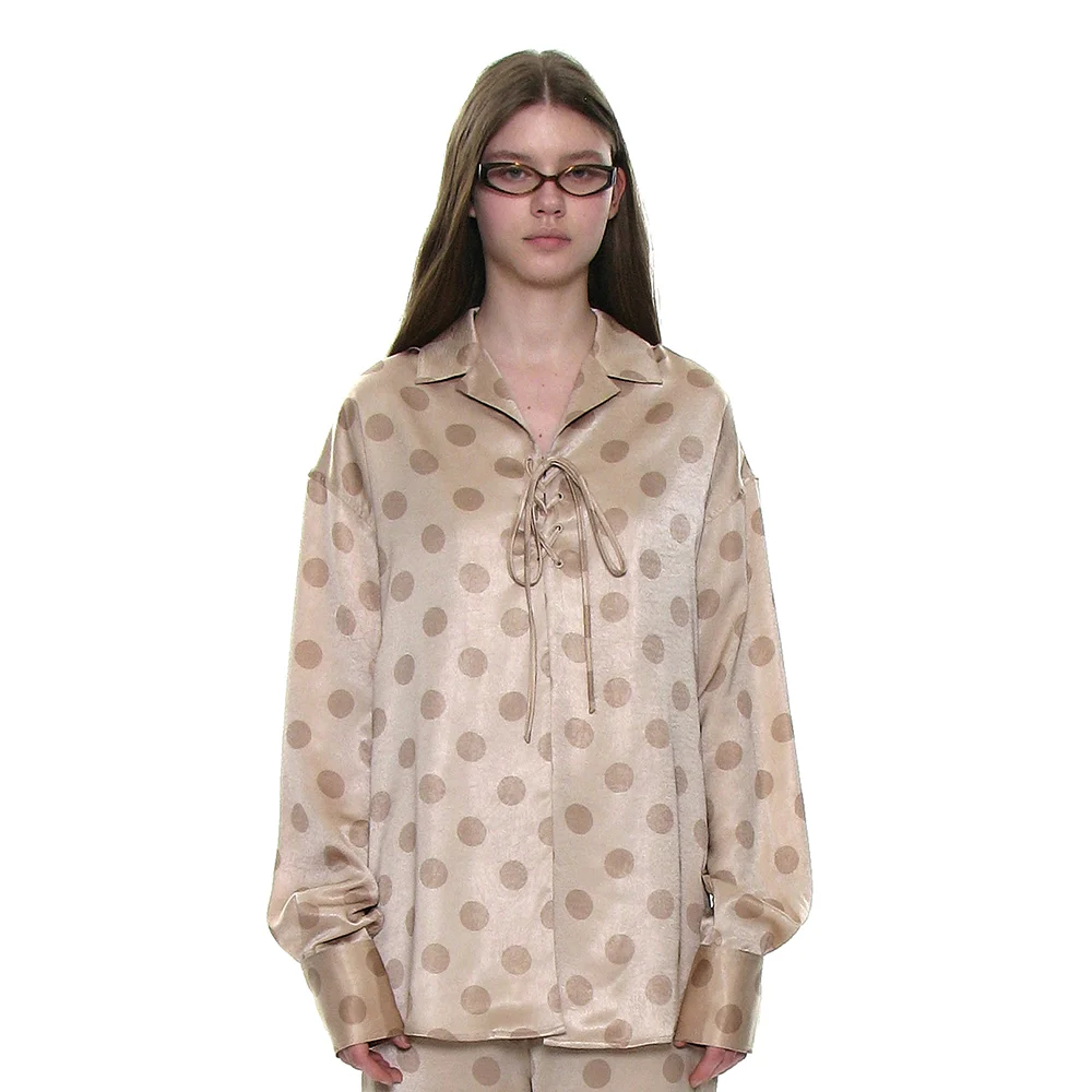 POLKA DOT ALL OVER PRINTED LACE-UP SHIRT_BEIGE