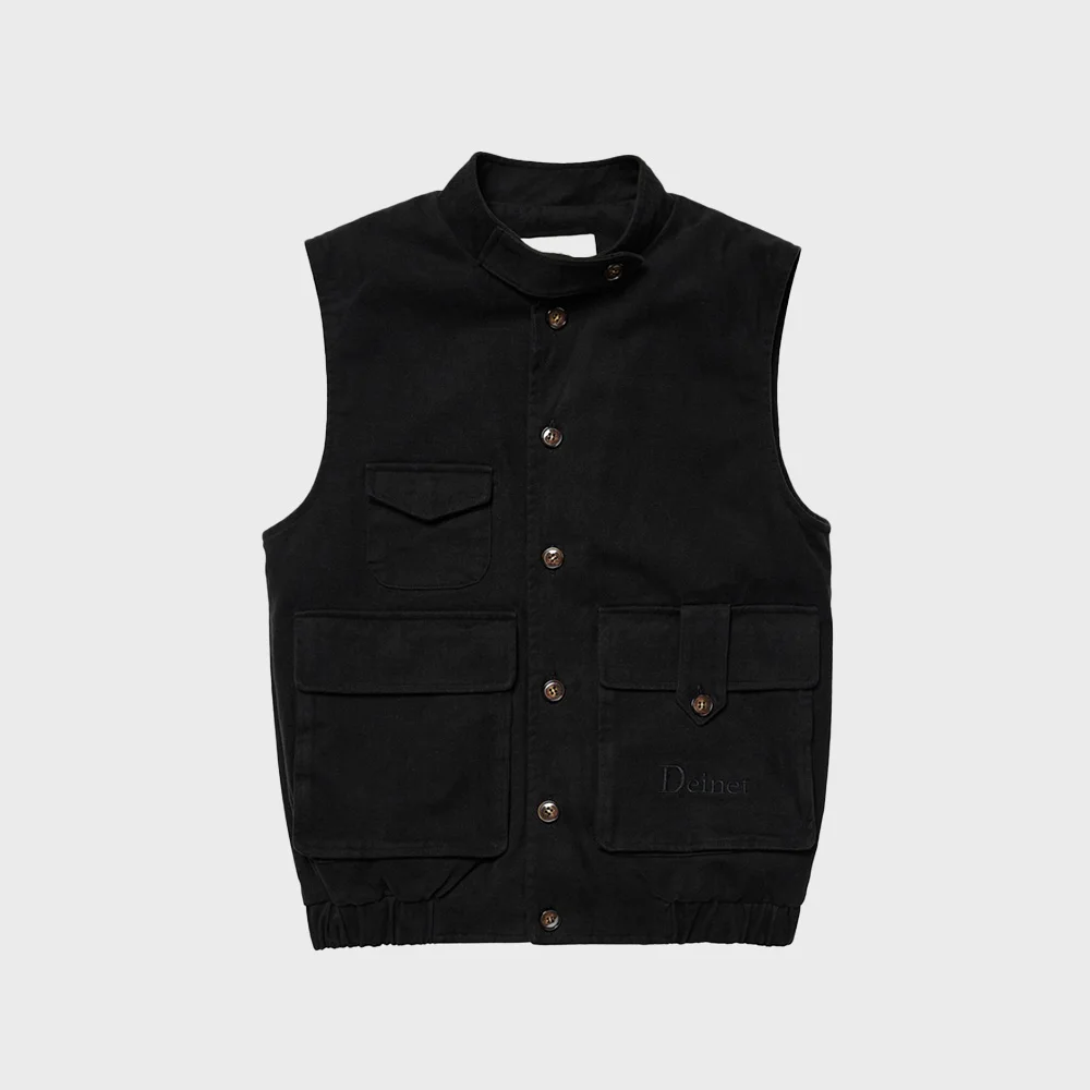 DEINET MULTI POCKET COTTON VEST IN BLACK