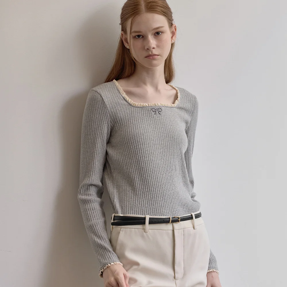 Ribbon point square neck top - Melange gray