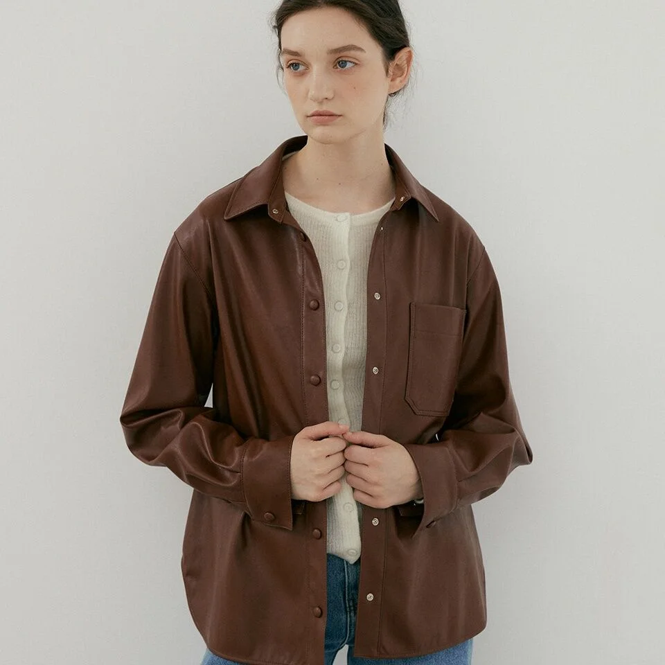 eco leather shirt jacket (brown)