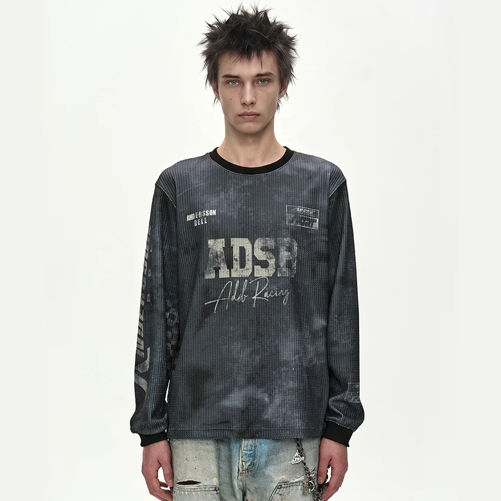 RACING PRINTED WAFFLE LONG SLEEVE T-SHIRT (BLACK)