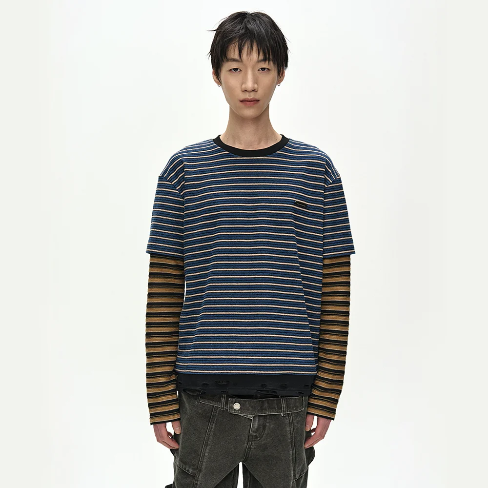 UNISEX STRIPE LAYERED LONG SLEEVE T-SHIRT (BLUE)