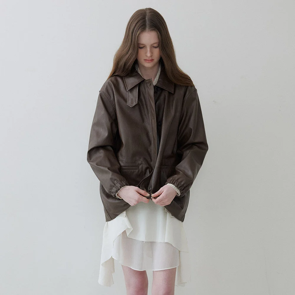 Faux leather bizo collar over jacket_Brown