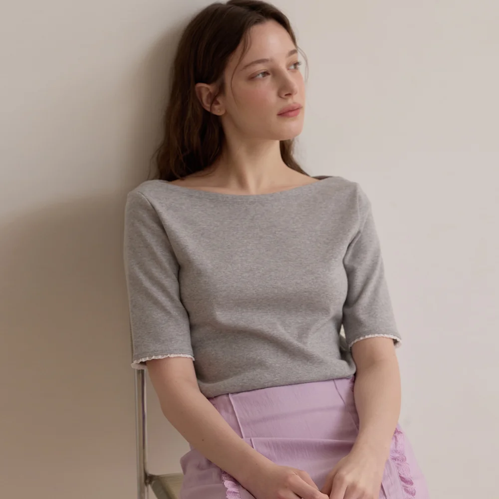 Boat neck ribbed top - Melange gray