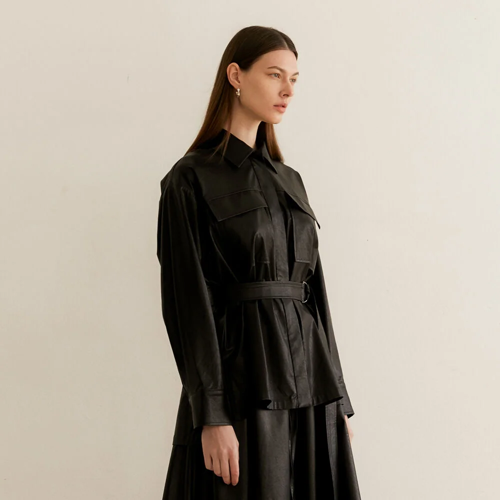 OVERSZIE ARTIFICIAL LEATHER SHIRT - BLACK