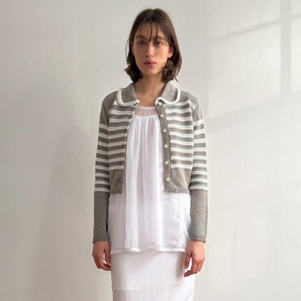 Stripe Collar Cardigan (Melange Grey)