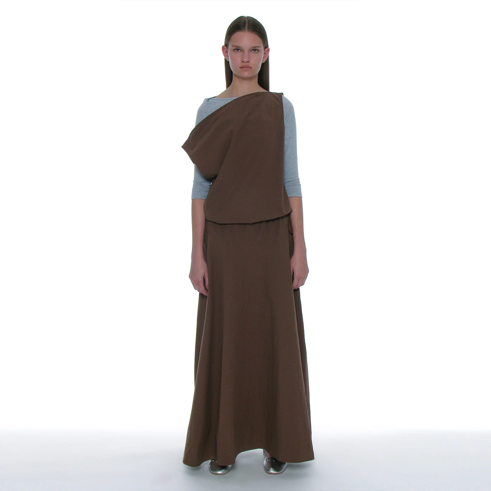 COTTON UNBALANCED FLARE MAXI DRESS_BROWN