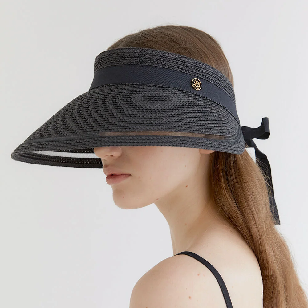mesh ribbon logo pendant raffia sun visor (C008_black)