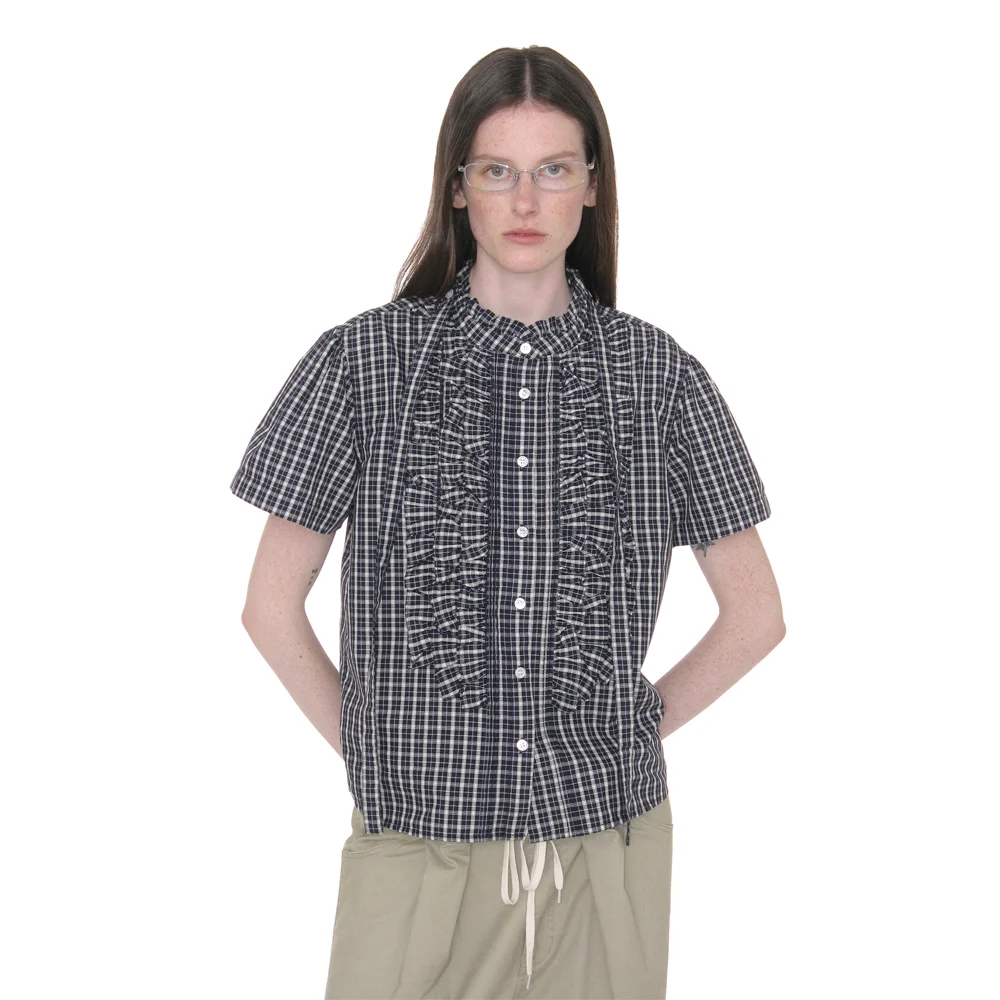SCARF RUFFLE PINTUCK BLOUSE_NAVY CHECK