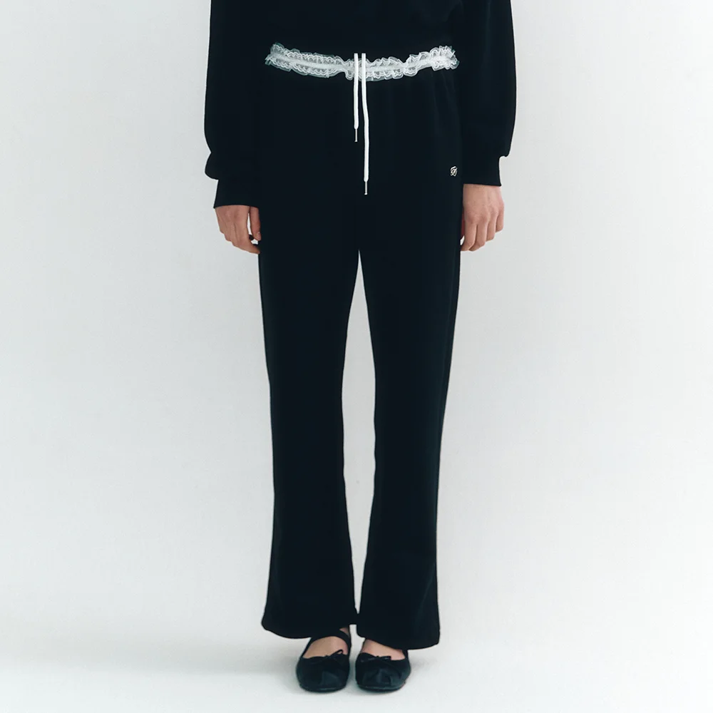 Lace Trimming Easy Pants Black