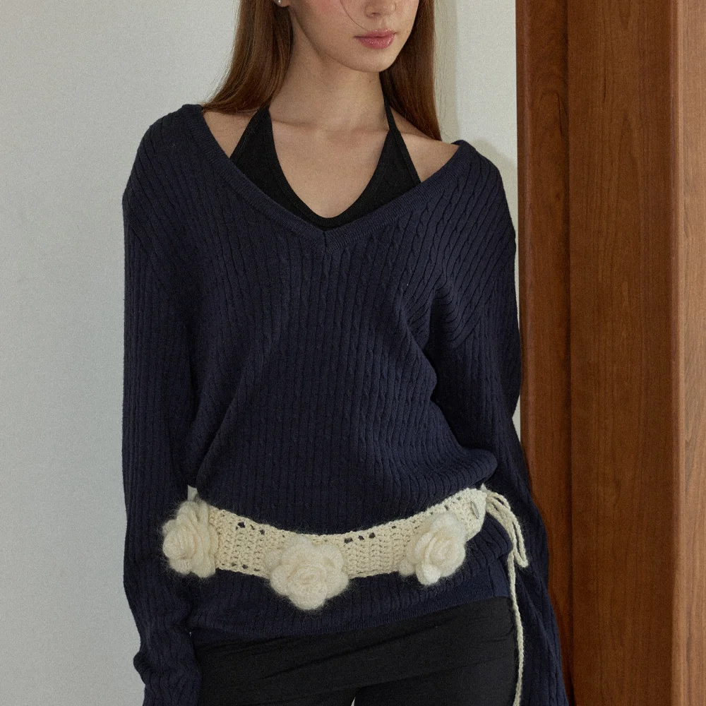 Camellia Handmade Crochet Mohair Knit Wide Belt _ Cream