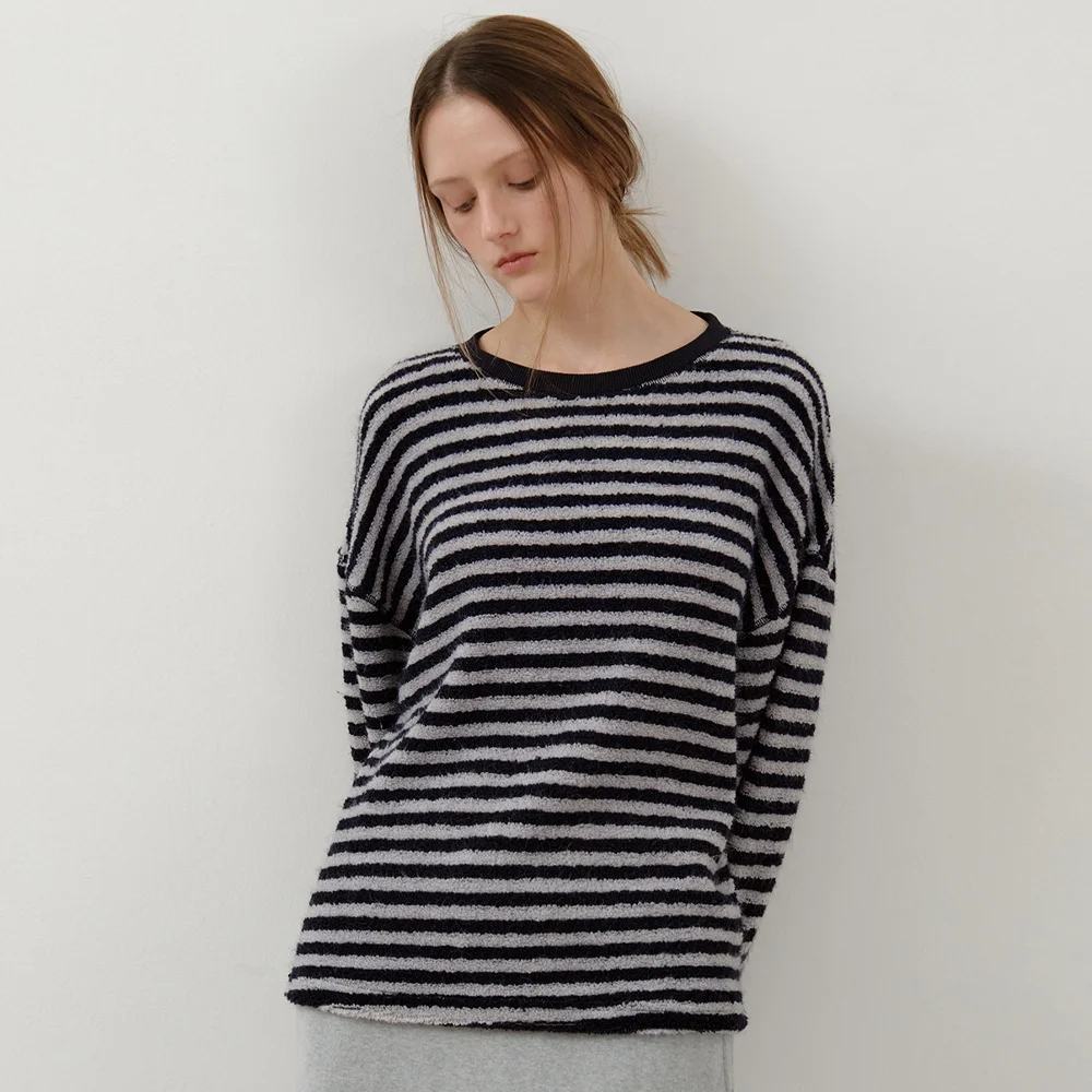 Fuzzy Boucle Stripe Round T-Shirt_GRAY(W25-TP53)