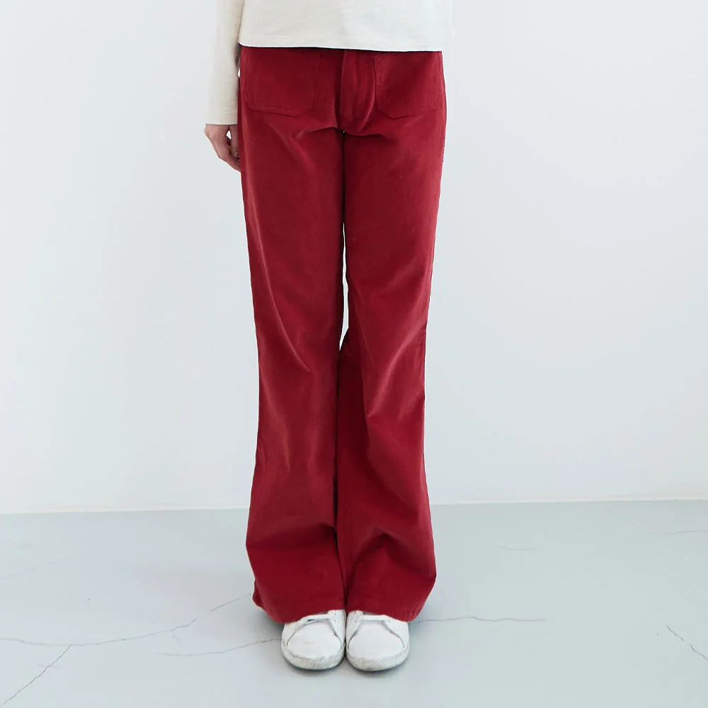 口袋 燈芯絨 靴型 褲子 (Red)