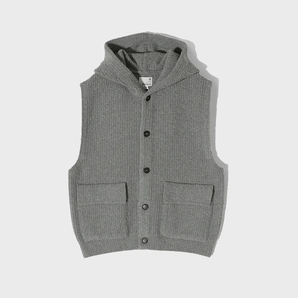 Acorn Boucle Hood Knit Cardigan Vest Multi Gray