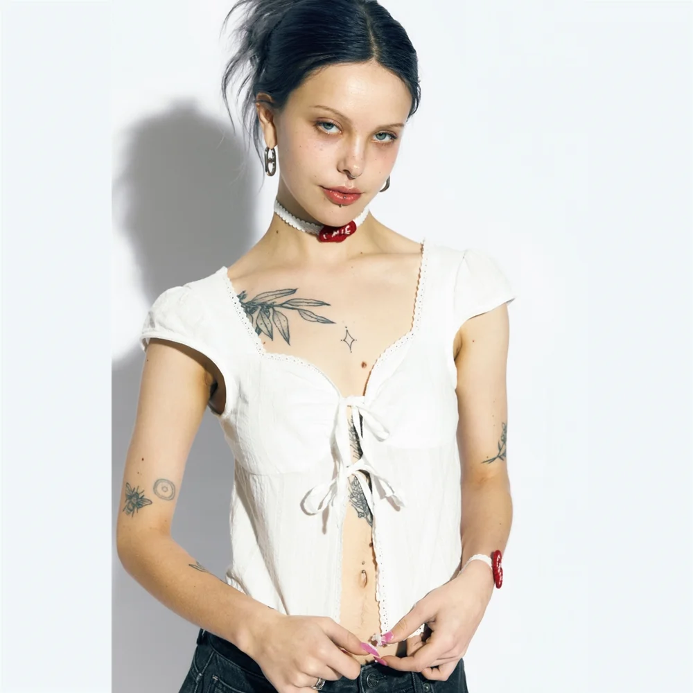 CROP RIBBON OPEN BLOUSE WHITE