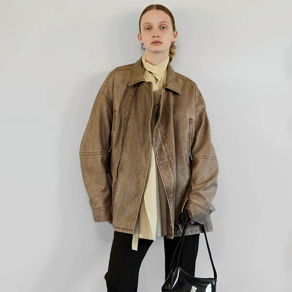 (W) BELTED FAUX LEATHER JACKET (D.BRN)