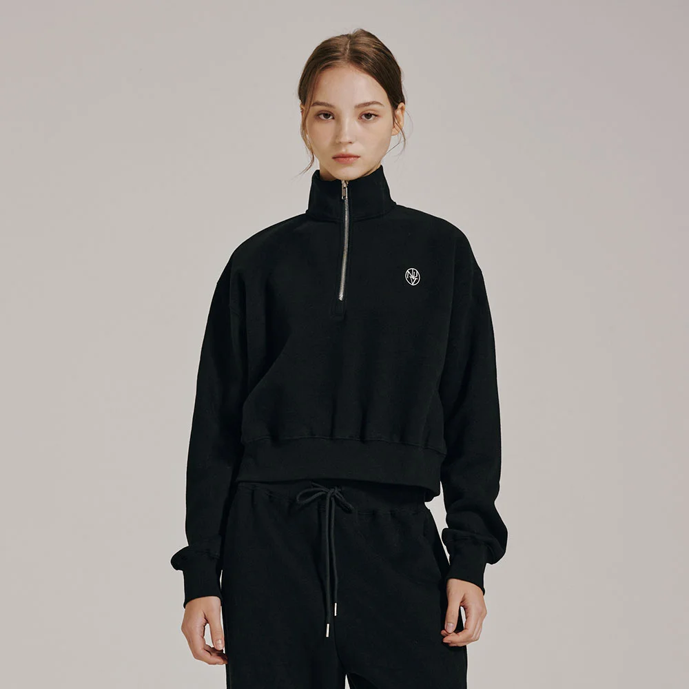 半拉鏈 短版 衛衣 - 黑色 / Half Zip Up Crop Sweatshirts - Black