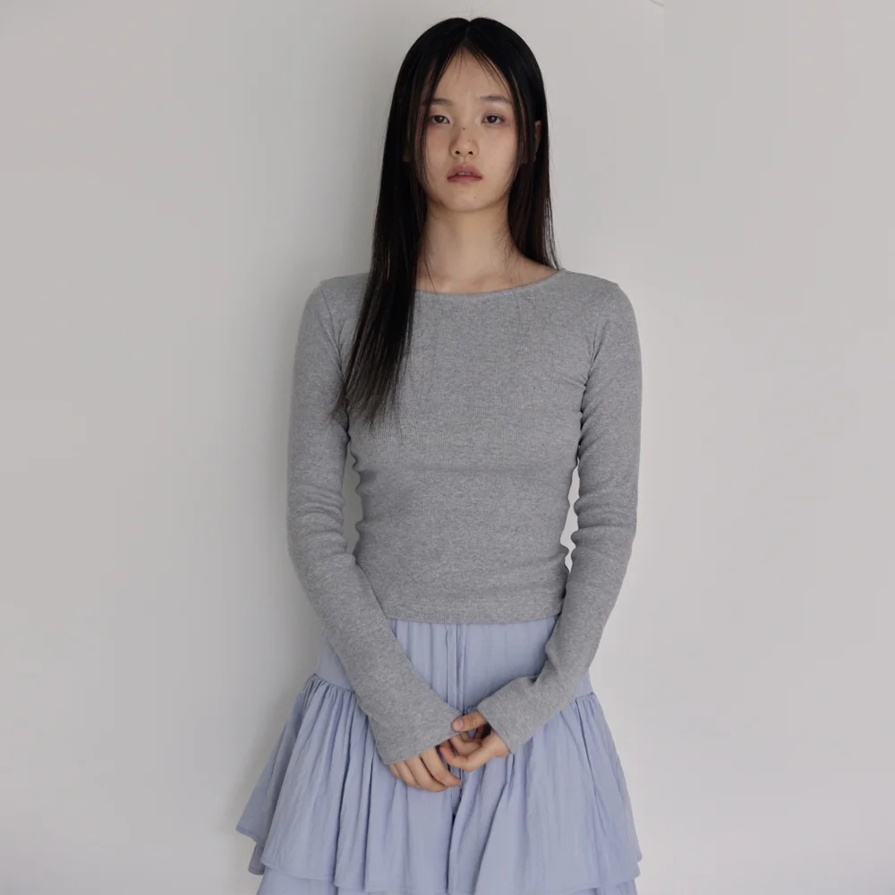 Ribbed Boat-neck Slim T-Shirts (Melange Grey)