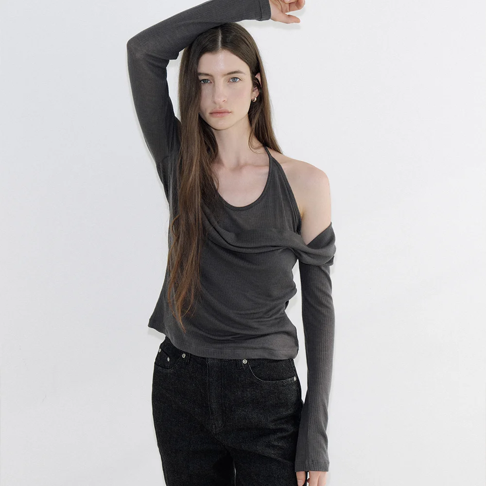 layered wool tencel T-shirt (charcoal) orc 6108