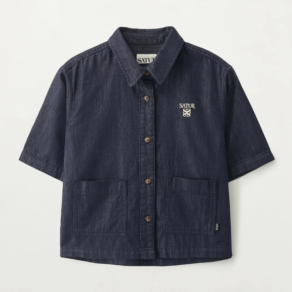 (W) 淺 Weight 牛仔 口袋 半 襯衫 靛藍