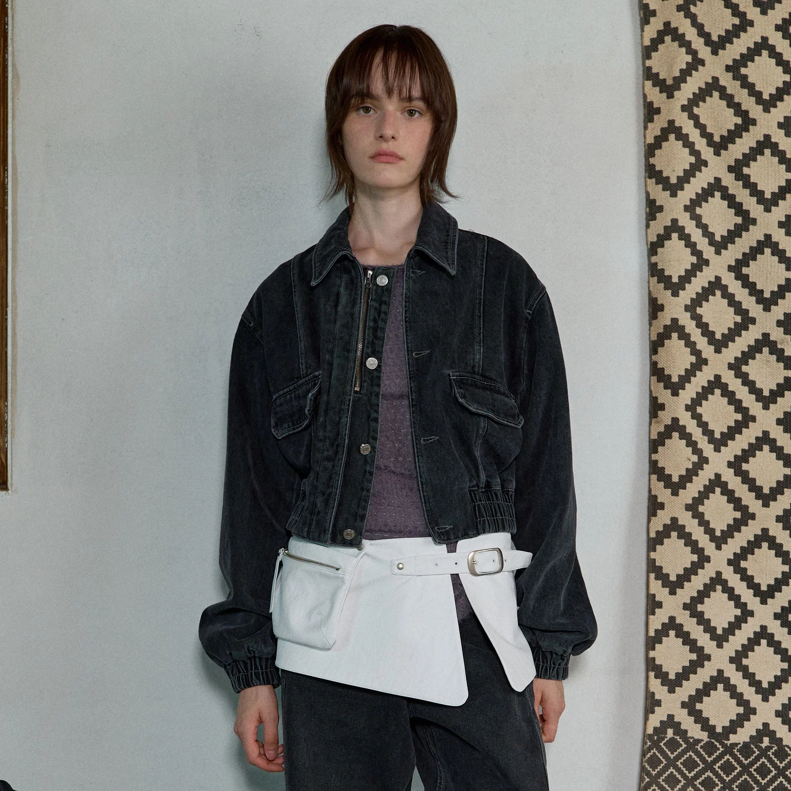 WASHED DENIM BLOUSON - BLACK