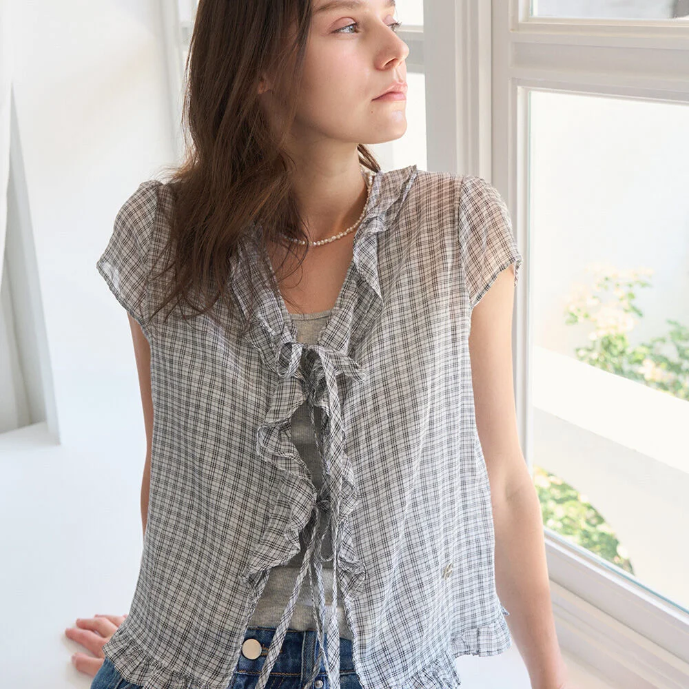 CLOVIA CHECK FRILL OPEN BLOUSE 2COL_IVORY