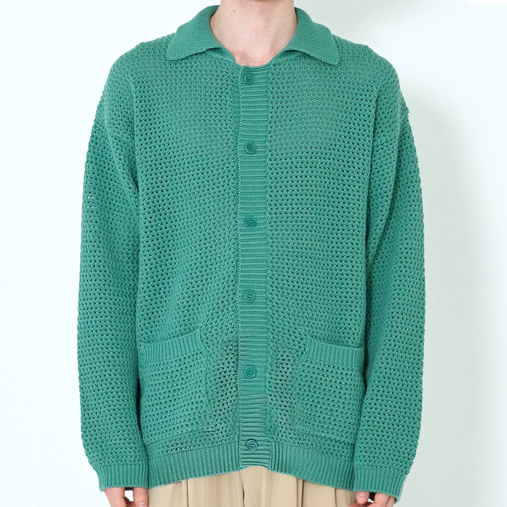 Crochet Knit Cotton Polo Cardigan (Topaz Green)