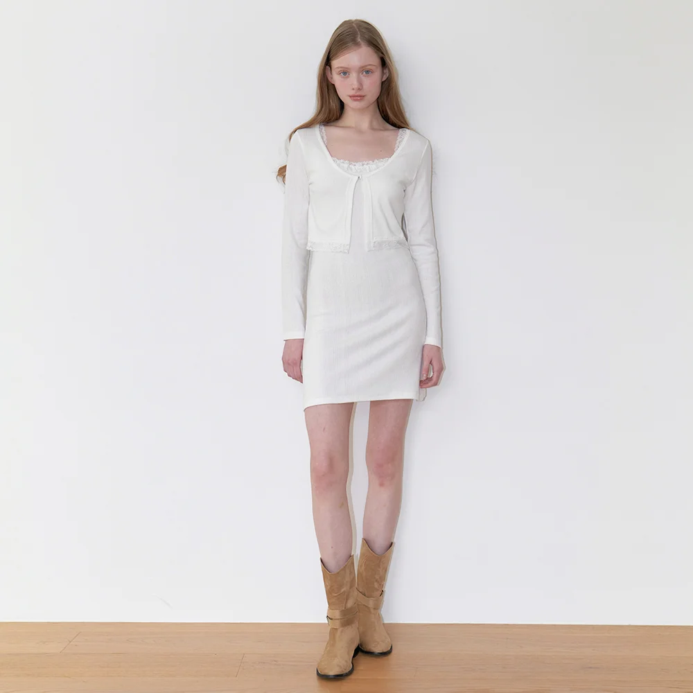 eyelet lace string one piece & cardigan - cream