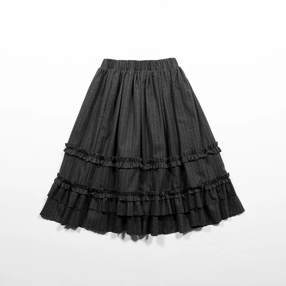 WOOL FRILL MIDI STRIPE SKIRT - GRAY