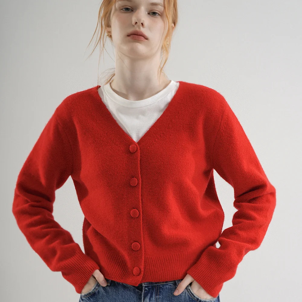 Merino Wool 100% V-neck Basic Knit Cardigan (Red)