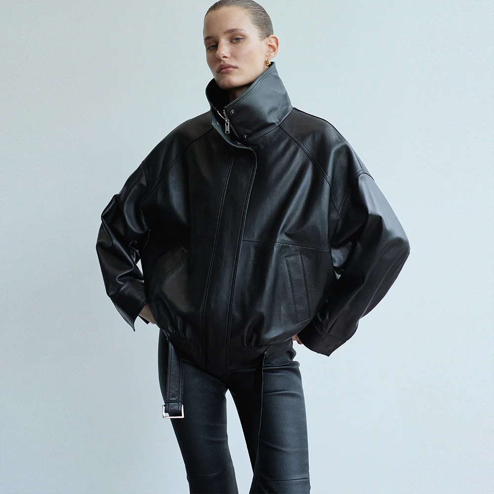 High-Neck Belted Leather Blouson_Black