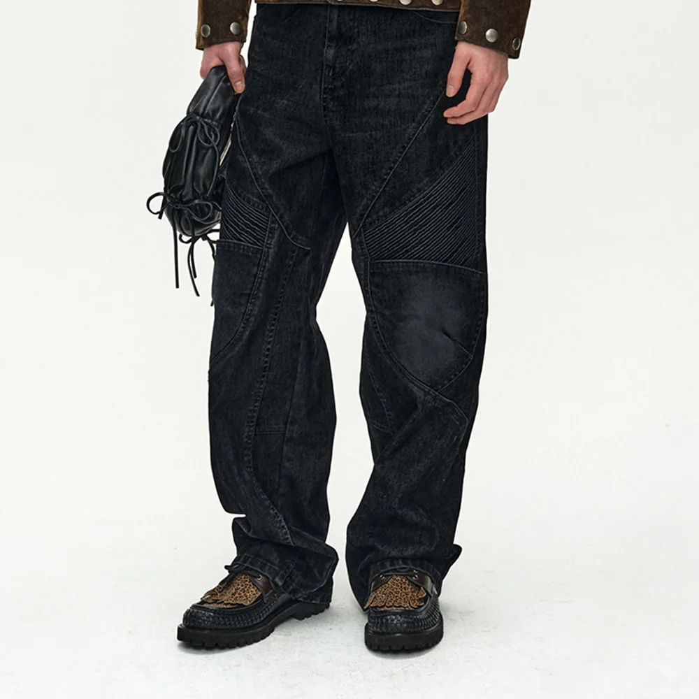 UNISEX RODEO BIKER WIDE-LEG JEANS (BLACK)