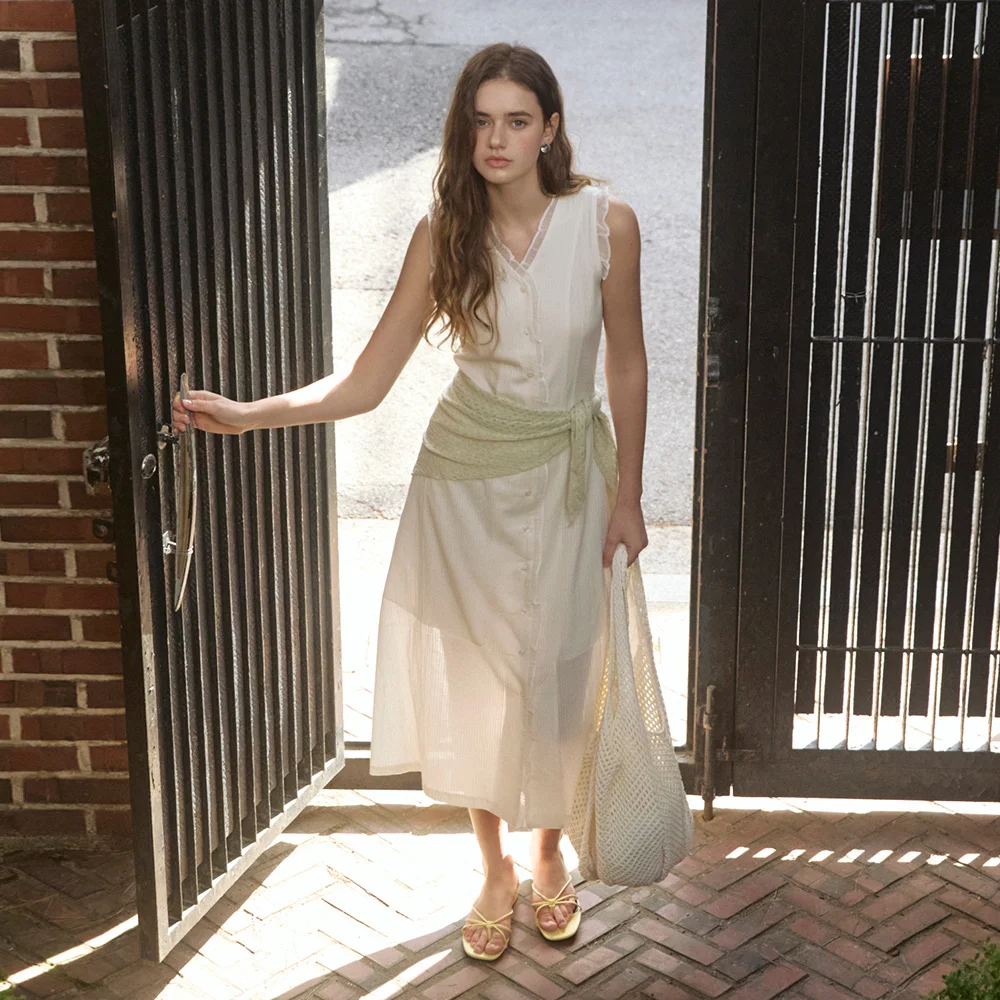 Lace frill line jacquard long dress - cream